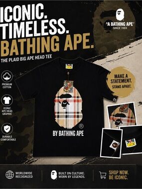 Bape Black Tee with Plaid Ape Head Graphic